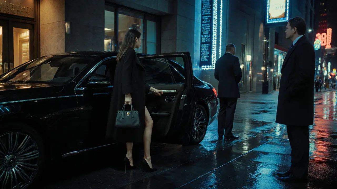 A luxury escort arriving at a high-end hotel at night, stepping from a black car as a client waits nearby.