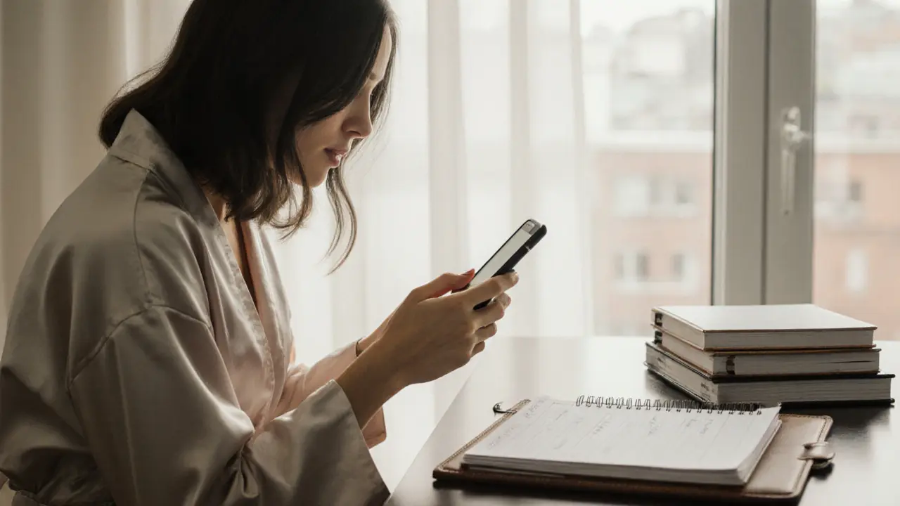 An independent escort preparing for an appointment in a calm, elegant apartment with NDAs and a planner on display.