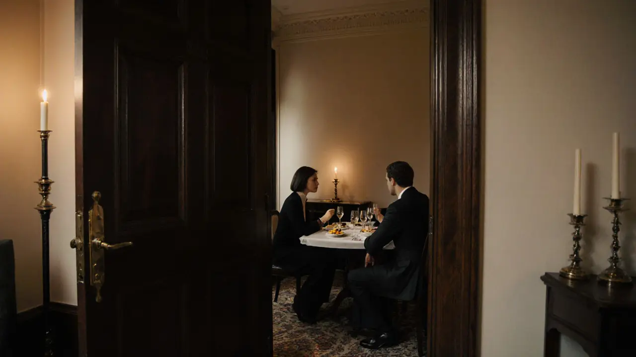 A client and escort sharing a quiet dinner at a discreet London townhouse, lit by candlelight.