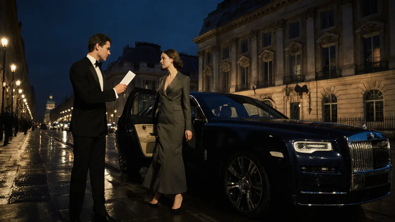 A sophisticated couple arriving at a classical concert in Mayfair, evening city lights glowing.