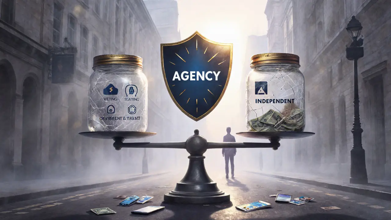 A symbolic scale weighing agency safety features against the risks of independent work in a foggy London street.