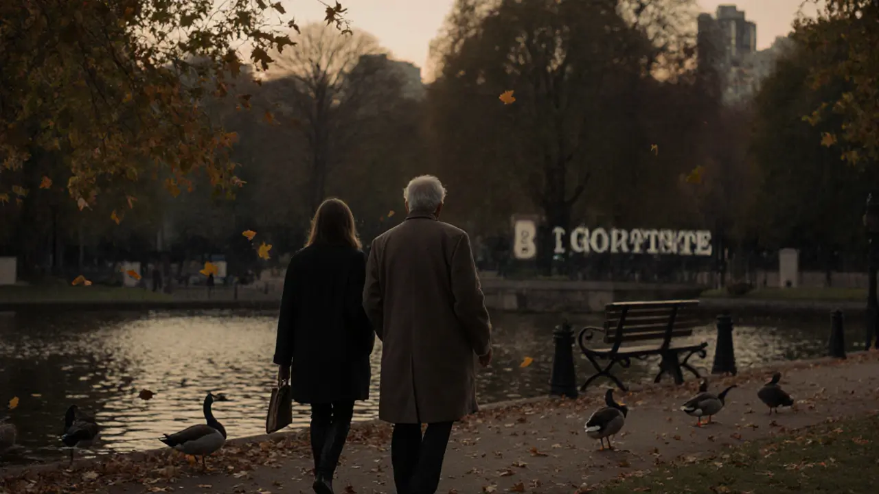 An escort and an elderly man walking peacefully in Hyde Park at dusk, ducks on the lake.