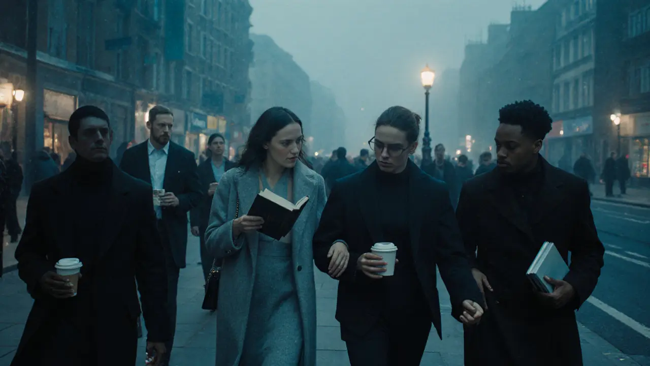 Diverse Londoners walking through a misty evening, each alone yet subtly connected by unseen bonds.